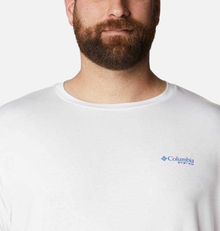 Men's Columbia PFG Fish Flag Tech Short Sleeve T Shirts White | Plus Size CA-M6C1L